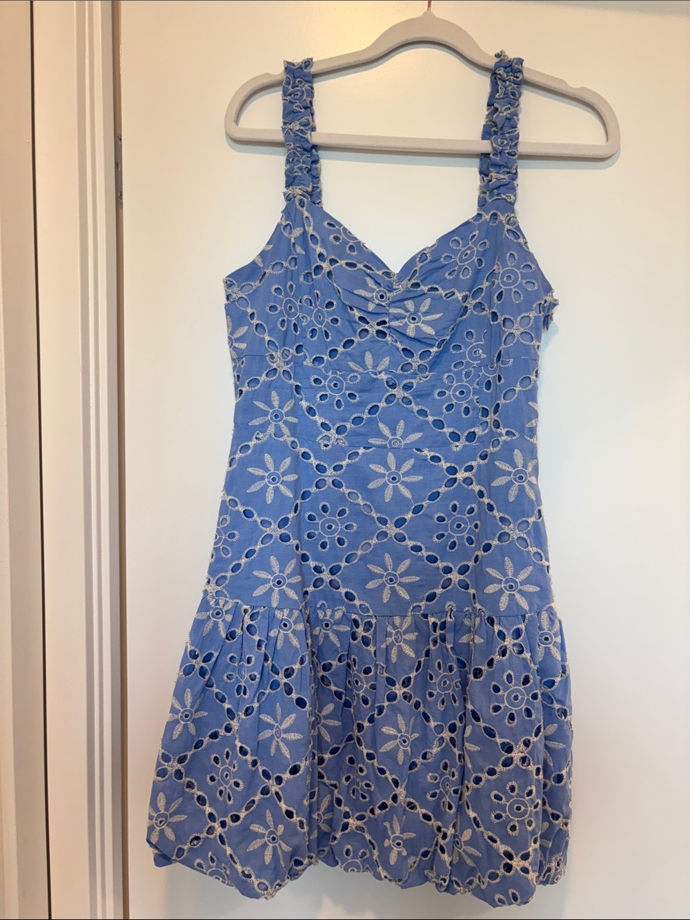 Blue Eyelet Sundress  (lined) with ruched straps and bubble skirt